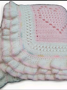 Handmade Crocheted Pastel Soft Hearts In Squares Ruffles, Must See To Appreciate